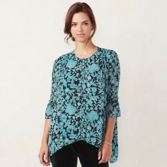 LC LAUREN CONRAD Top Blouse Pintuck Shark-Bite Patterned Teal Floral Size M L - Picture 1 of 14